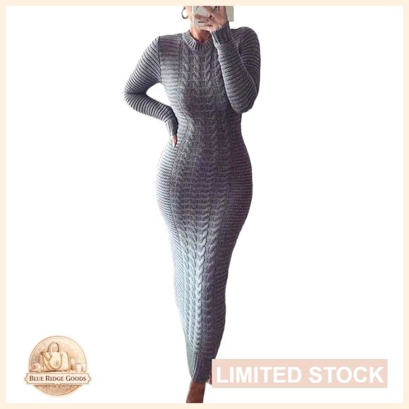 Cable Knit Bodycon Maxi Sweater Dress Long Sleeve Crewneck Chic Elegant